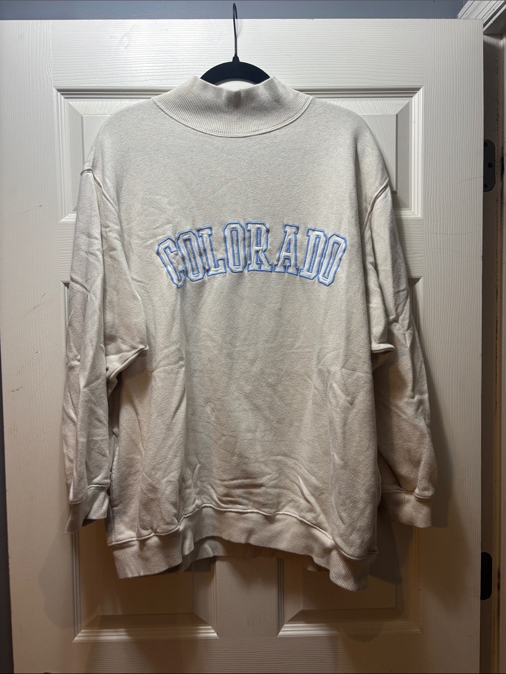 aerie Cream Colorado Crewneck Sweater with Light Blue Embroidered Logo